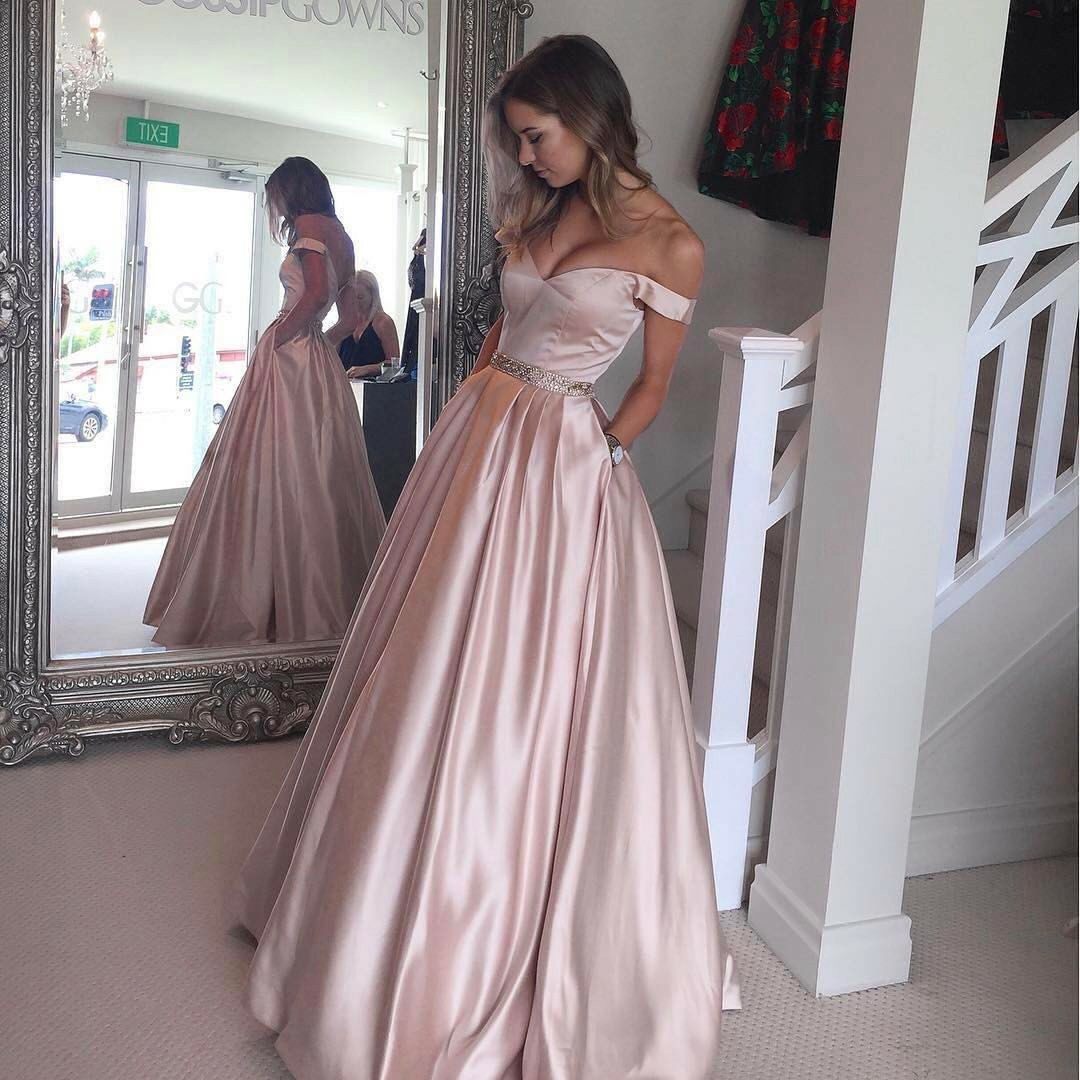 off the shoulder beaded satin evening prom dress with pocket