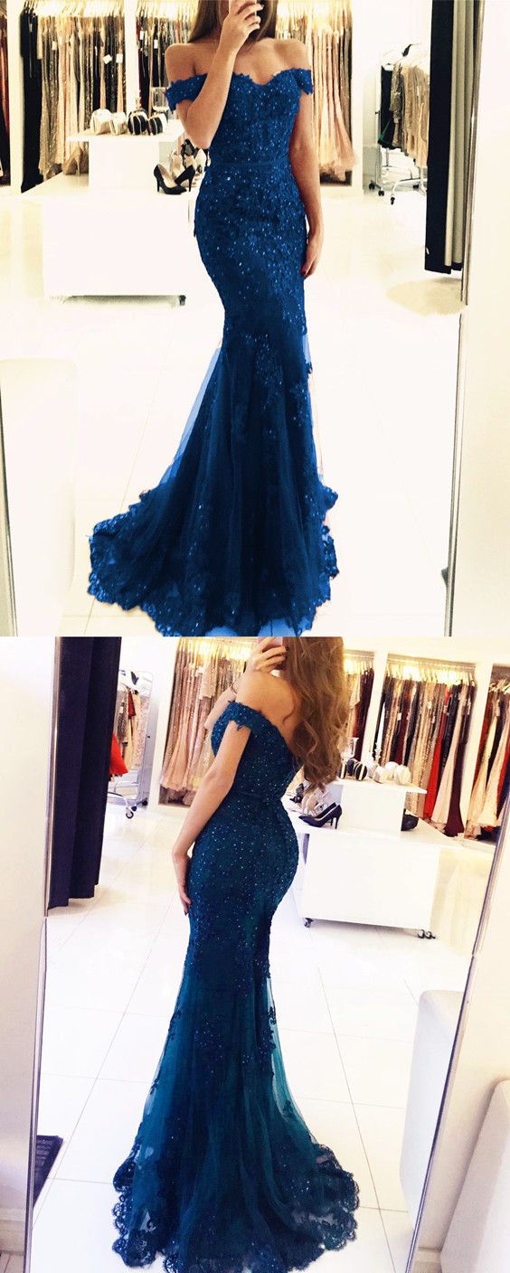 navy blue off the shoulder mermaid prom dress