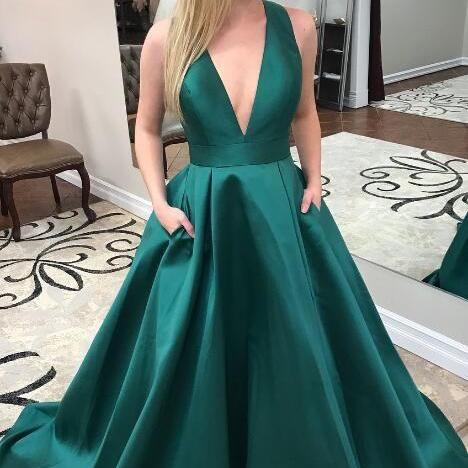 Simple Dark Teal Satin Long A-line Prom Dress With Pockets, Senior Prom ...